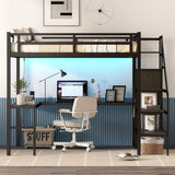 Metal Full Size Loft Bed with Desk and Stairs,Heavy Duty Loft Bed Frame with Wardrobe,LED Loft Bed Full Size with Charging Station for Kids,Teens,Adults,Black Bellemave