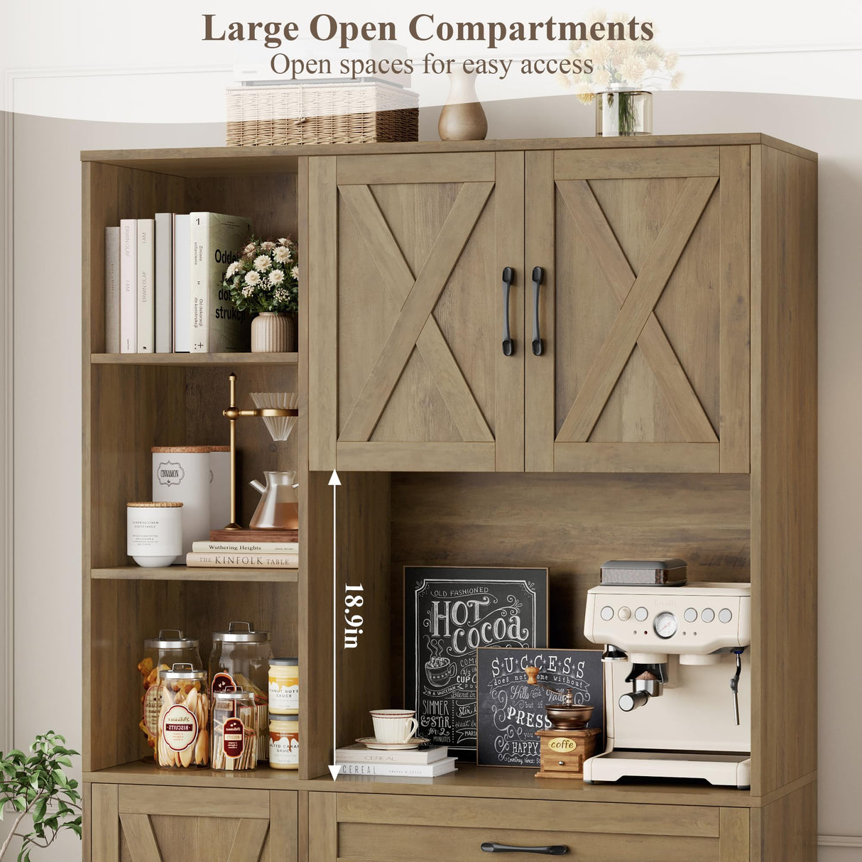 HOSTACK 71" Tall Kitchen Pantry Storage Cabinet, Farmhouse Food Pantry Cabinet with Microwave Stand, Barn Doors Kitchen Hutch Cabinet with Large Drawer and Shelves for Dining Room HOSTACK