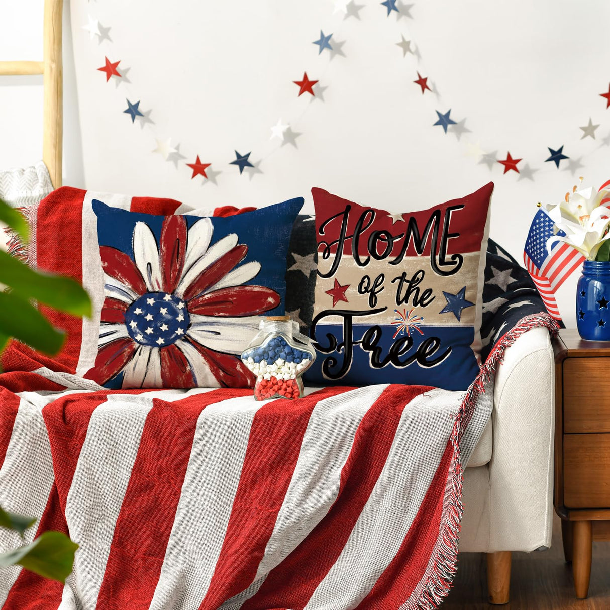 AVOIN colorlife Let Freedom Ring Stars Fireworks Red White Flower Throw Pillow Covers, 18 x 18 Inch 4th of July Patriotic Independence Memorial Day USA Flag Cushion Case for Sofa Couch Set of 4 AVOIN colorlife