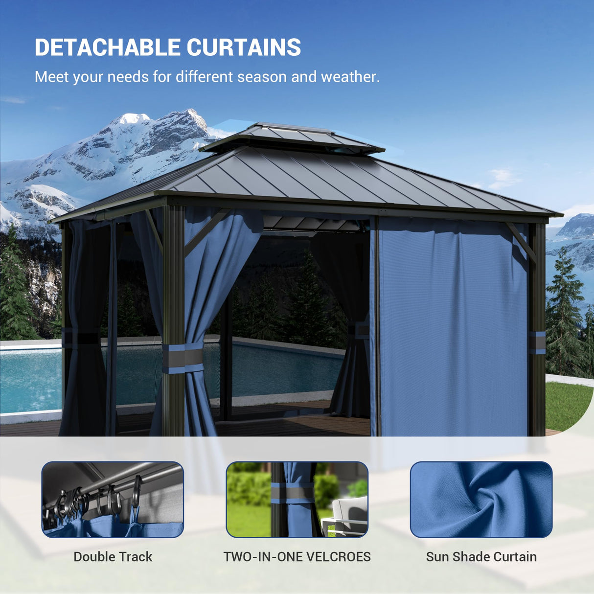 Amopatio 10' X 12' Hardtop Gazebo, Permanent Aluminum Gazebo with Galvanized Steel Double Roof, Outdoor Metal Gazebos with Curtain and Netting for Patio, Deck and Backyard, Blue Amopatio