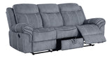 Acme Furniture Zubaida 41" x 87" Modern Velvet Reclining Sofa with USB Dock, 1 Storage Drawer, Tight Back & Seat Cushion, in 2-Tone Gray Finish Acme