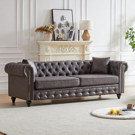 Mid Century Modern Couch, 85.5"W High-tech Fabric Button Tufted Oversized Loveseat Sofa with Nailhead Trim & Roll Armrests, Deep Seat Comfy Chesterfield Sofa for Living Room, Office(3 Seater, Grey) JEEOHEY