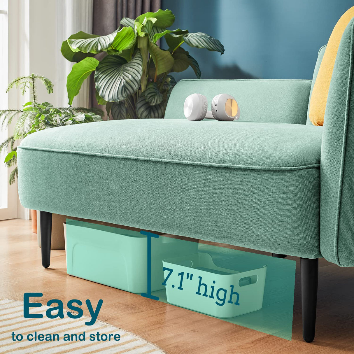 LINSY Small Loveseat Couch 2 Seat, Mid Century Modern Love seat Couches 57" Mini Couch with Srorage, Removable Table and Pillow, Couches for Small Spaces Living Room Bedroom Dorm (Teal Left) LINSY
