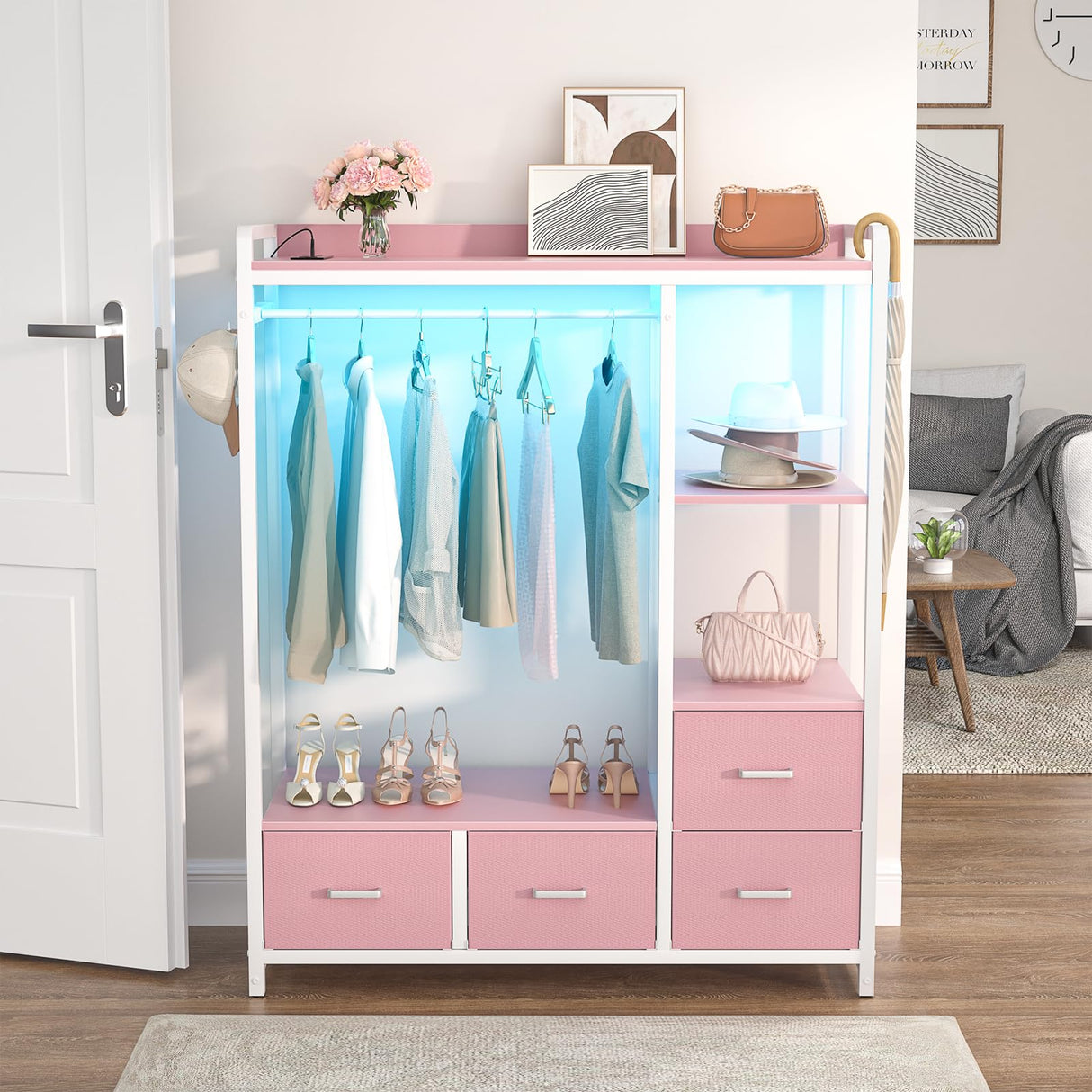 Cyclysio Dresser with Hanger Rack, 4 Drawers Dresser for Bedroom with Power Outlet and LED Lights, Cute Dresser with Storage Shelf for Bedroom Living Room, Pink Cyclysio