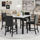 5 Piece Counter Height Dining Table Set with Square Faux Marble Table and 4 Upholstered Chairs, Solid Wood Kitchen Dining Table Set for Small Spaces, Family Kitchen and Dining Room.(Black) Bellemave