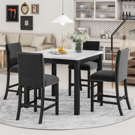 5 Piece Counter Height Dining Table Set with Square Faux Marble Table and 4 Upholstered Chairs, Solid Wood Kitchen Dining Table Set for Small Spaces, Family Kitchen and Dining Room.(Black) Bellemave