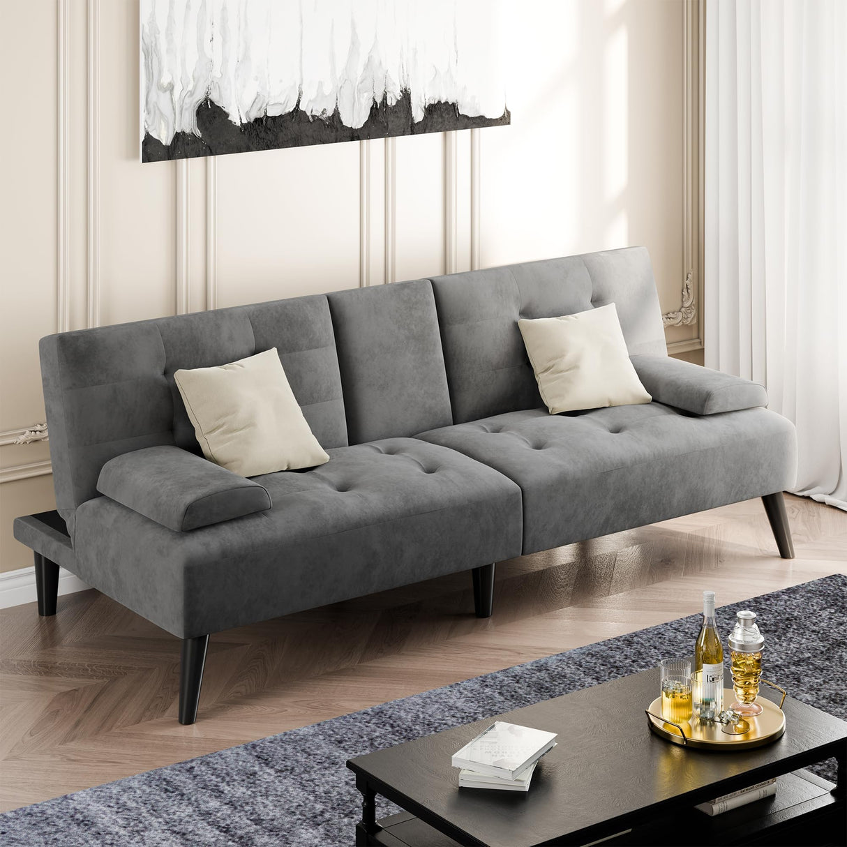 Shintenchi Futon Sofa Bed, Velvet Foldable Couch Reclining Sleeper w/Removable Armrests, Upholstered Loveseat w/Folding Cup Holders for Home, Office, Dark Gray Shintenchi