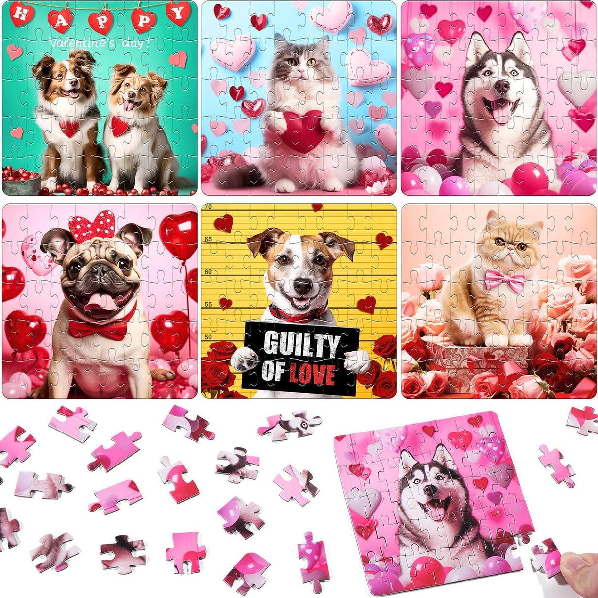 Asoulin Valentine Day Gifts for Kids, 24 Packs Valentine Day Cards for Kids School with Cat & Dog Jigsaw Puzzles Toys Birthday Gifts for Kids Toddler Boys Girls Goodies Bags Classroom Gifts Exchange Asoulin