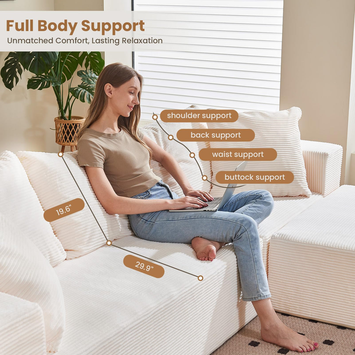 Modular Sectional Sofa, 108" L-Shaped Boneless Couch with Deep Seat, Corduroy Cloud Couch for Living Room, Bedroom, No Assembly Required, Ship in a Box, Beige RUMBALUXY