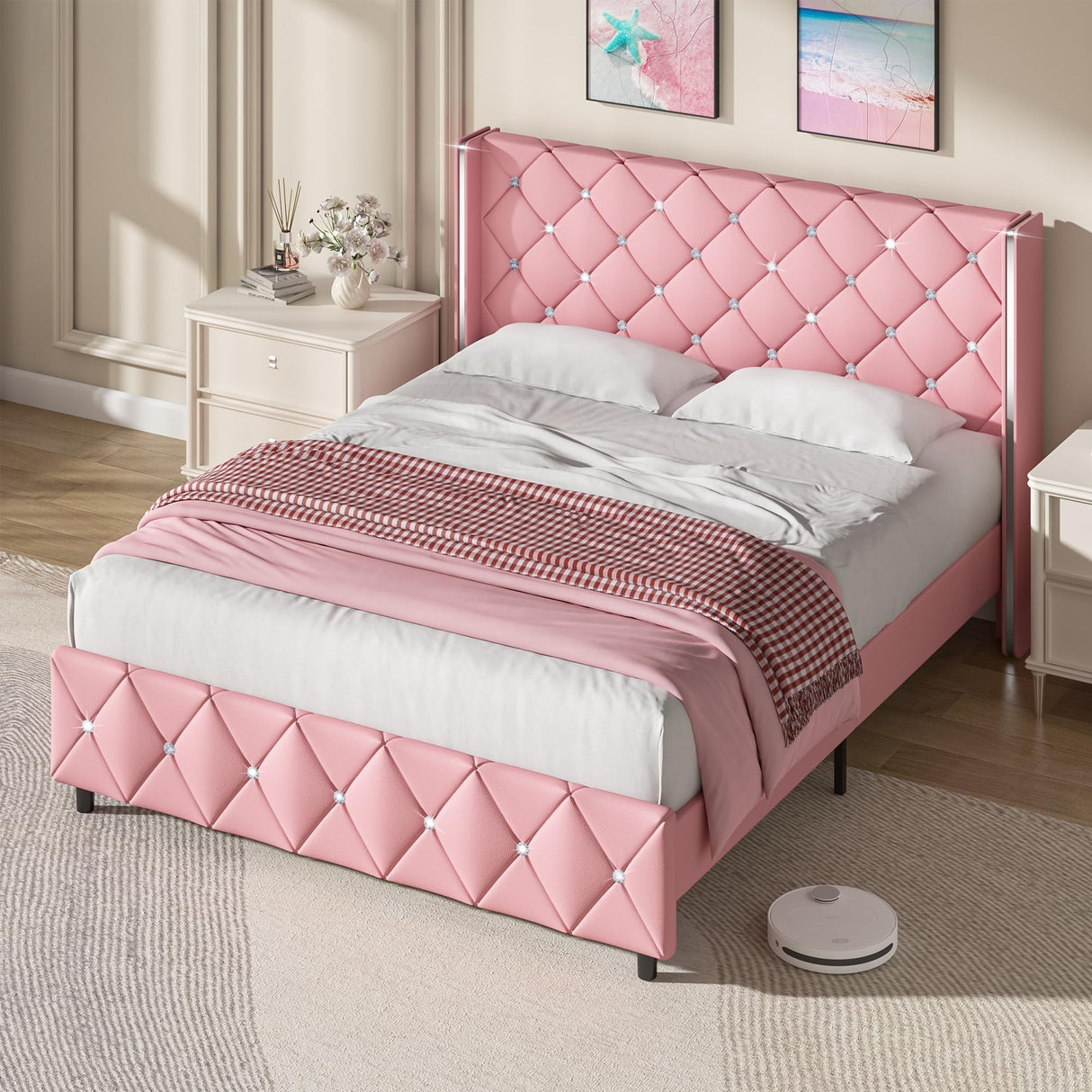 Queen Size Bed Frame with Diamond Headboard, Pink Bed Frame Queen, Upholstered Platform Bed Frame Faux Leather, Adjustable Crystal Button Tufted Headboard, Wood Slat Support, Easy Assembly, Pink HOMBCK