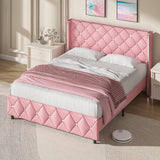 HOMBCK Full Size Bed Frame, Upholstered Bed with Diamond Headboard, Pink Bed Frame Full with Wingback Headboard & Footboard, No Box Spring Needed, Easy Assembly, Pink HOMBCK