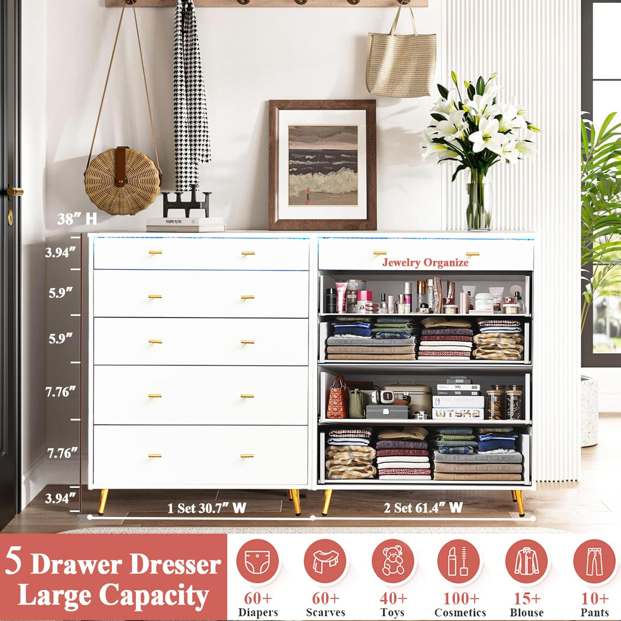 JanflyHome Drawer Dresser with LED Lights, 38" H Tall Tempered Glass Top Dresser, Modern White Wood Chest of Drawers with Jewelry Organizer & Jewelry Display for Bedroom, Living Room, White JanflyHome