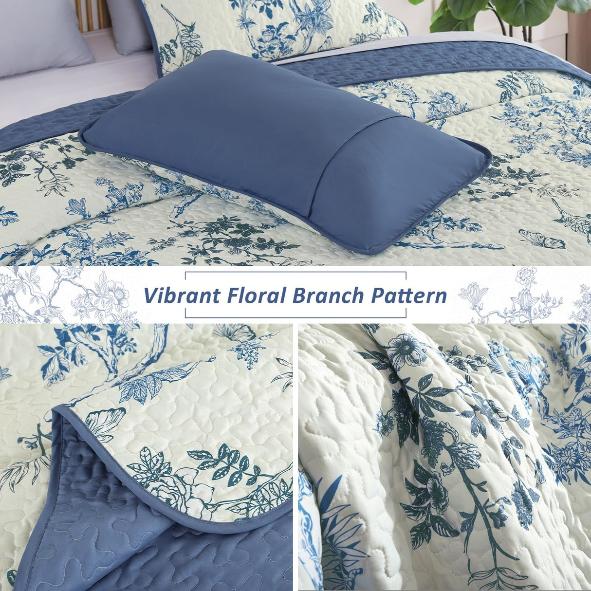 WONGS BEDDING Blue Floral Quilt Set King,Botanical Leaf & Butterfly Pattern Bedspread Coverlet Set,Soft Beautiful Farmhouse Plants Quilts Bedding Set for All Seasons(104"×90") WONGS BEDDING