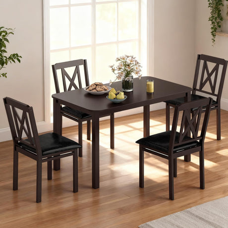 Tangkula 47" Dining Table Set for 4, Farmhouse Solid Wood Dinette Set w/Rubber Wood Legs, 4 Padded Chairs, Mid-Century Modern Dining Table and Chairs Set for Kitchen, Dining Room Tangkula
