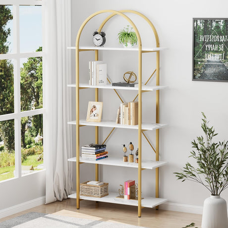 Arbuxzuy Arched Bookshelf 5 Tier Book Shelf, 31.5 Inch Width Industrial Arch Bookcase, Curved Tall Bookshelf with Open Shelves for Home Office, Living Room, Bedroom, Gold Arbuxzuy