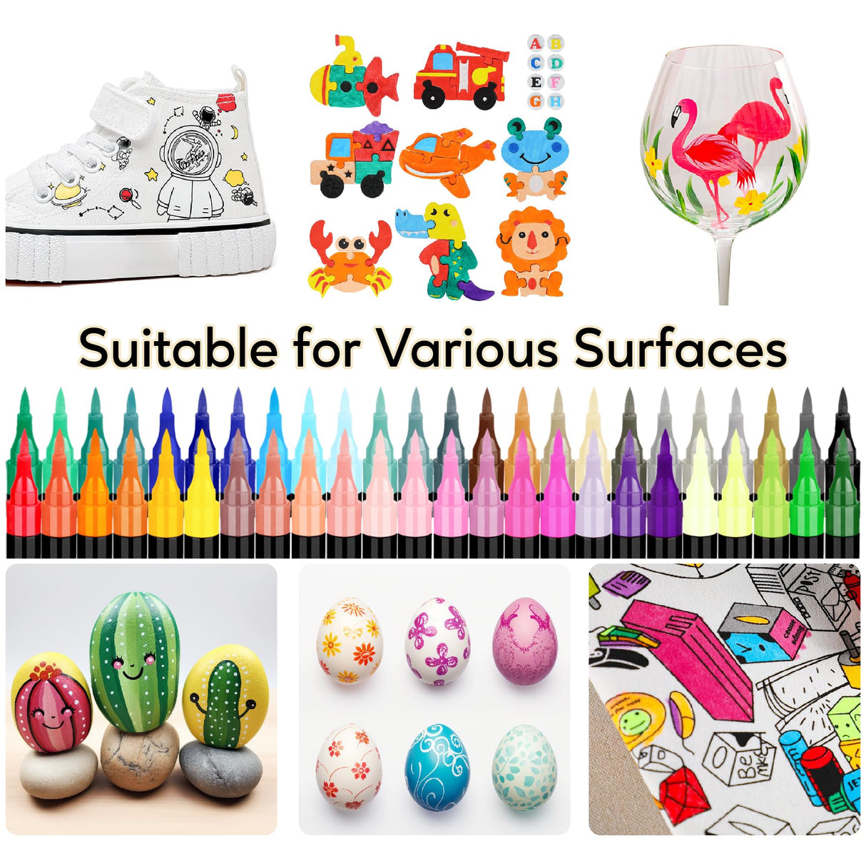 Pagather 48 Colors Acrylic Paint Markers, Dual Tip with Fine Tip and Brush Tip Pens for Stone, Wood, Calligraphy, Canvas, Ceramic, Metal, Glass, Rock Painting, DIY Crafts Pagather