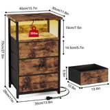 Fixwal Night Stand with Charging Station, LED Nightstand with Fabric Drawers, End Table with PU Finish, Bed Side Table, Rustic Brown Fixwal