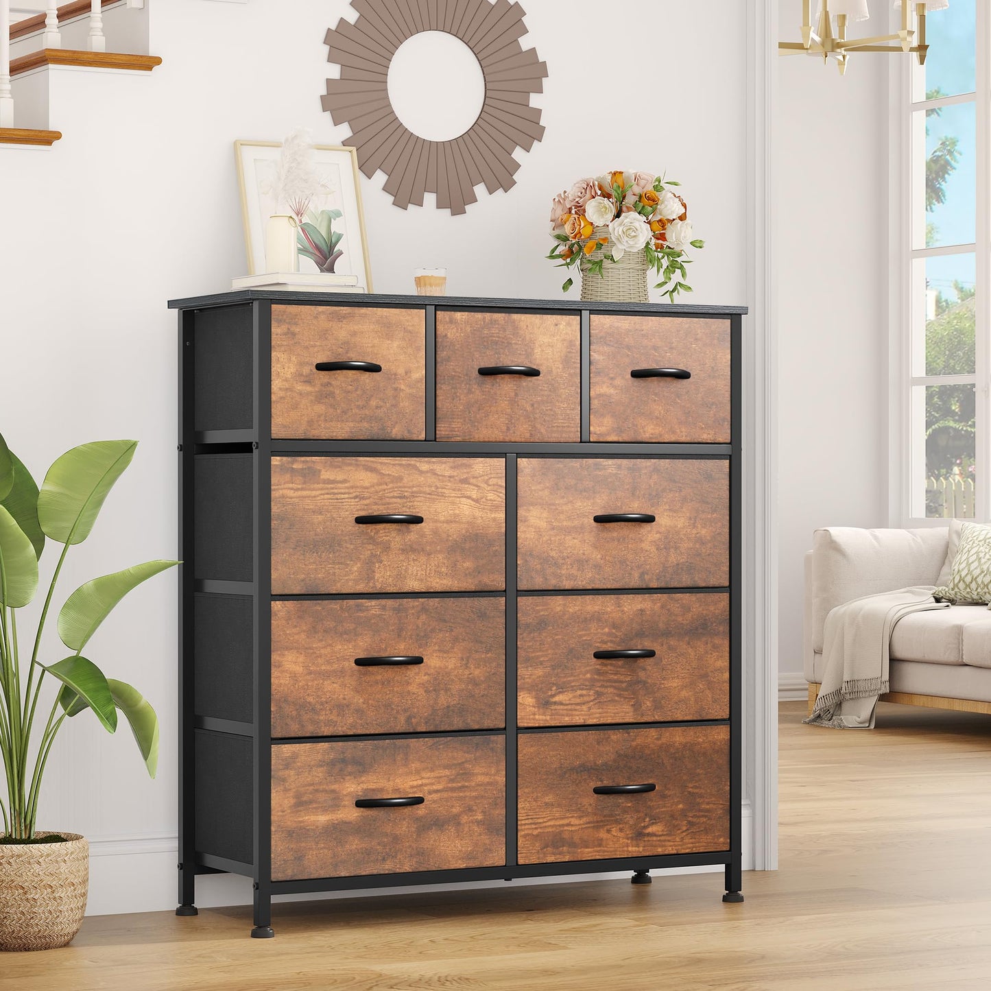 YITAHOME Dresser with 9 Drawers - Fabric Storage Tower, Organizer Unit for Living Room, Hallway - Sturdy Steel Frame, Wooden Top & Easy Pull Fabric Bins - WoodArtSupply