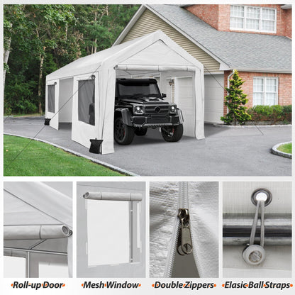 QZEN Carport 10x20ft Portable Garage, Heavy Duty Car Canopy with Roll-up Ventilated Windows & Side Doors, Car Port for SUV, F150, Car, Truck, Boat (10' x 20'White) - WoodArtSupply