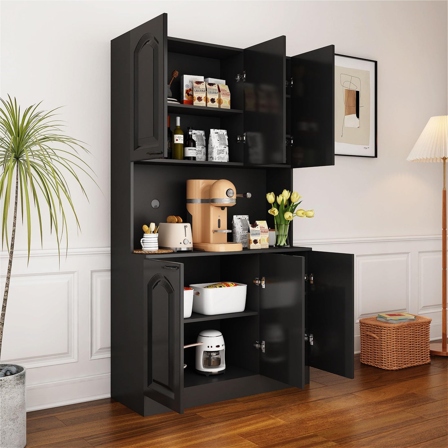 PHOYAL Kitchen Pantry, Kitchen Hutch Cabinet, Farmhouse Storage Cabinet Large Kitchen Pantry Storage Cabinet 71” Pantry Cabinet with 6 Doors and 1 Drawer for Kitchen Dining Room, Black - WoodArtSupply