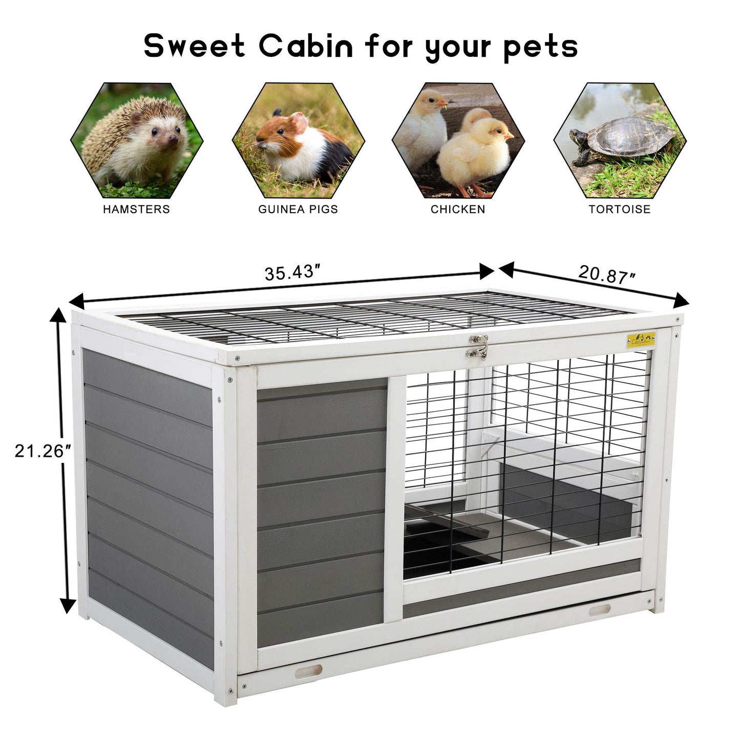 COZIVVOVV Wooden 35Inchs Indoor Outdoor Rabbit Hutch, Small Animal Houses & Habitats, Large Bunny Cage with Removable Tray, Single Level Guinea Pig Hamster Cage（Grey）