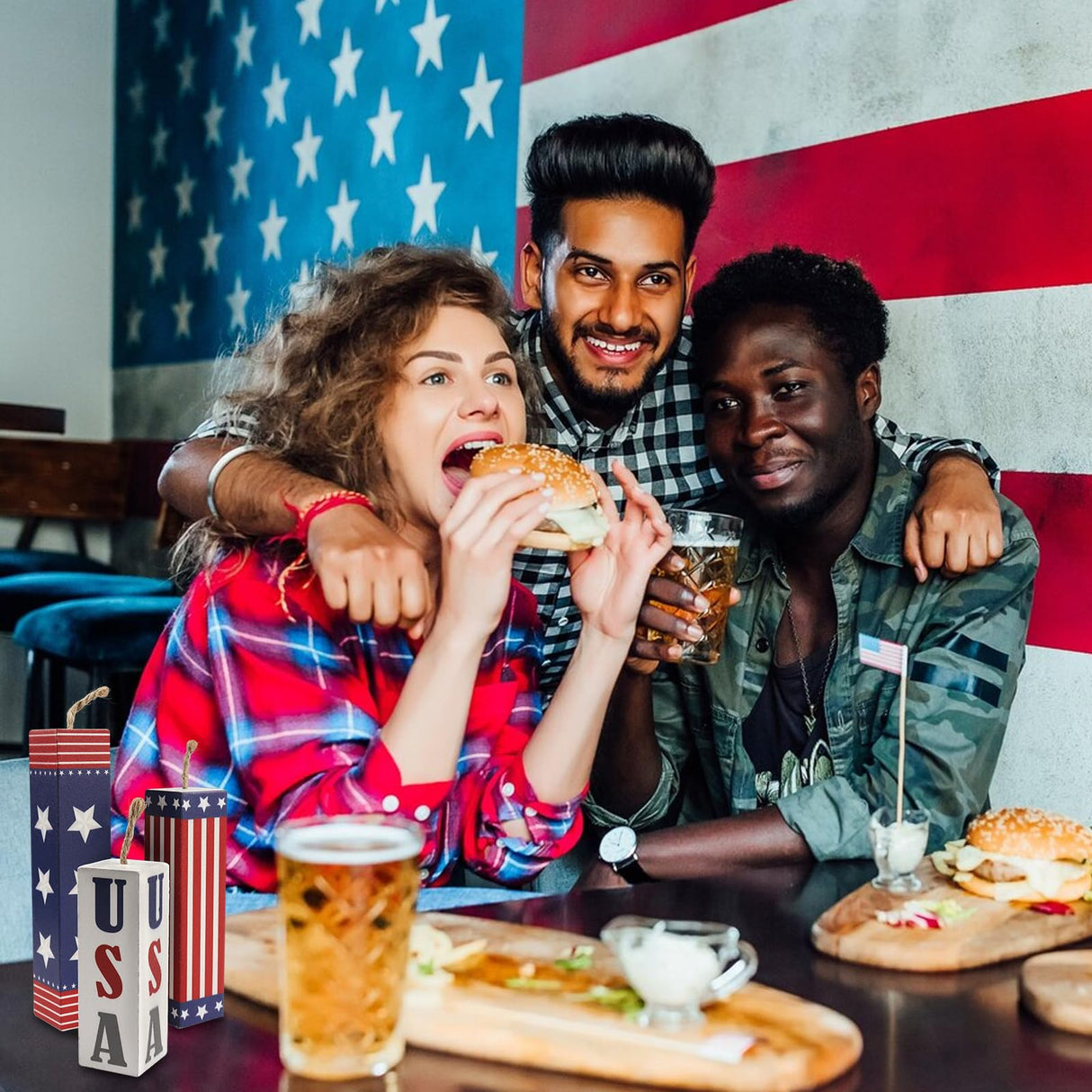 Hying 3 Pieces 4th of July Table Decor Patriotic Tiered Tray Independence Day Wooden Blocks American Table Centerpieces Red Blue Rustic Wood Signs for Tabletop Farmhouse Memorial Day Decorations Hying