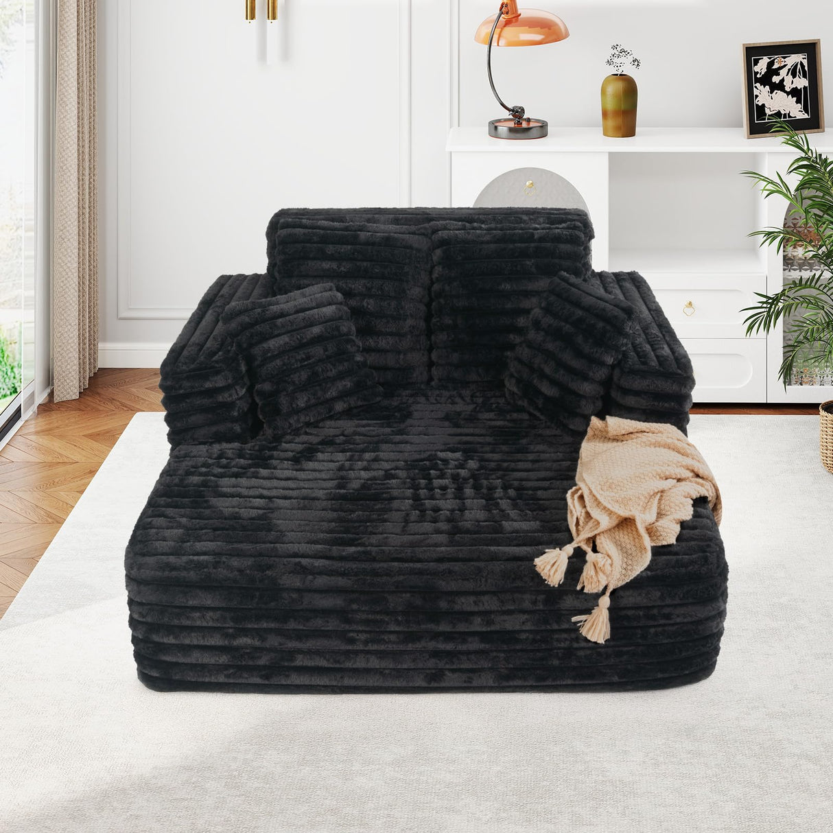 JEEOHEY 56"W Oversized Chaise Lounge Chair Indoor,Plush Faux Fur Sleeper Sofa Couch Bed with Pillows&Wide Armrest,Fluffy Comfy Cloud Sofa,Compression Foam Boneless Couch for Living Room,Bedroom(Black) JEEOHEY