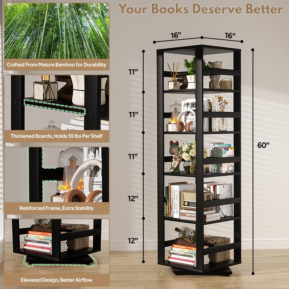 Homykic Rotating Bookshelf, Bamboo 360 Display Spinning Bookshelf Tower, 5-Tier Small Corner Bookcase for Small Spaces, Narrow Revolving Book Shelf Organizer Rack for Home Office, Black Homykic