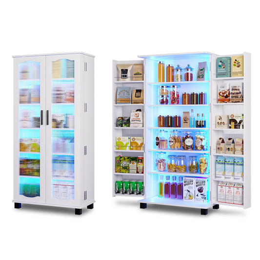 FOMNEY Kitchen Pantry Cabinet with Body Sensing LED Lights, Pantry Storage Cabinet with Doors and Adjustable Shelves, Freestanding Pantry Cabinet with USB & Type-c Ports for Dining Room, Whit - WoodArtSupply