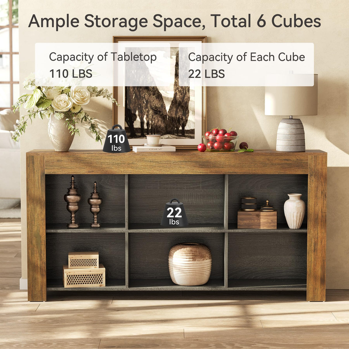 LITTLE TREE Console Table with Storage, 63-Inch Narrow Long Sofa Table, Entryway Table with 6 Cubes, Farmhouse Storage Shelves for Entryway, Living Room LITTLE TREE