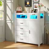 Alohappy 4 Drawers Dresser for Bedroom, Wood Chest of Drawers with Shelves Storage Cabinet, Modern Dresser with LED Lights and Charging Station for Living Room, Closet, Hallway, White Alohappy