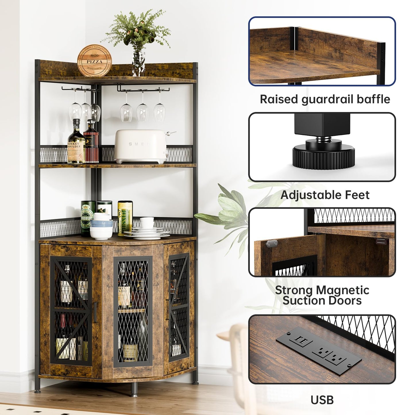 GraveeHome Industrial Corner Bar Cabinet with Power Outlet, 5-Tiers Wine Cabinet with LED Strip and Glass Holder, Multifunctional Liquor Cabinet for Home Bar, Corner Display Storage Cabinet for Home