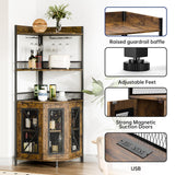 GraveeHome Industrial Corner Bar Cabinet with Power Outlet, 5-Tiers Wine Cabinet with LED Strip and Glass Holder, Multifunctional Liquor Cabinet for Home Bar, Corner Display Storage Cabinet for Home GarveeHome