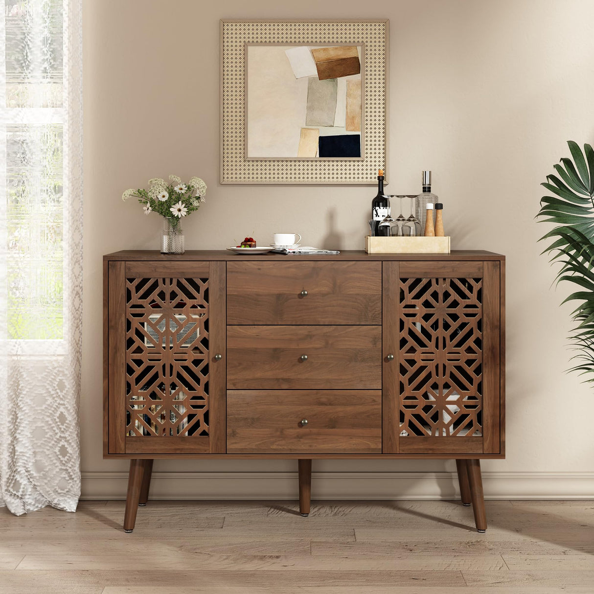 ARTPOWER 48" Hollow-Carved Accent Cabinet with Drawers, Retro Sideboard Buffet Cabinet with 3 Drawers and Storage Doors, Sideboard Credenzas for Living Room, Dining Room, Hallway ARTPOWER