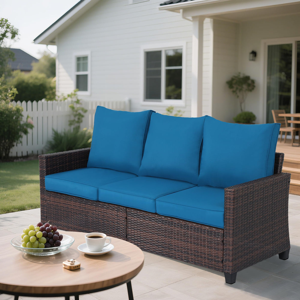 Hoffeorrad Rattan Outdoor Sofa 3-Seater - PE Woven Patio Couch with Waterproof Blue Cushions, Heavy-Duty Steel Frame for Garden, Poolside Outdoor Wicker Furniture Hoffeorrad