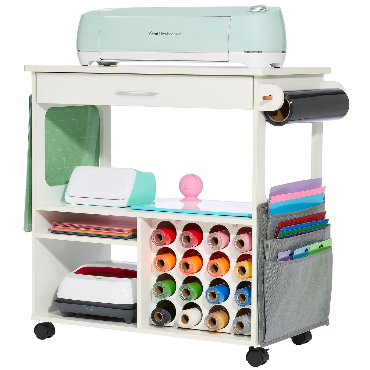 iVyne Craft Cart, Ultimate Organization & Storage Table for Cricut/Silhouette, Craft Table with Storage, Workstation for Accessories, iVyne Berry, Vinyl Rolls, and More - White iVyne