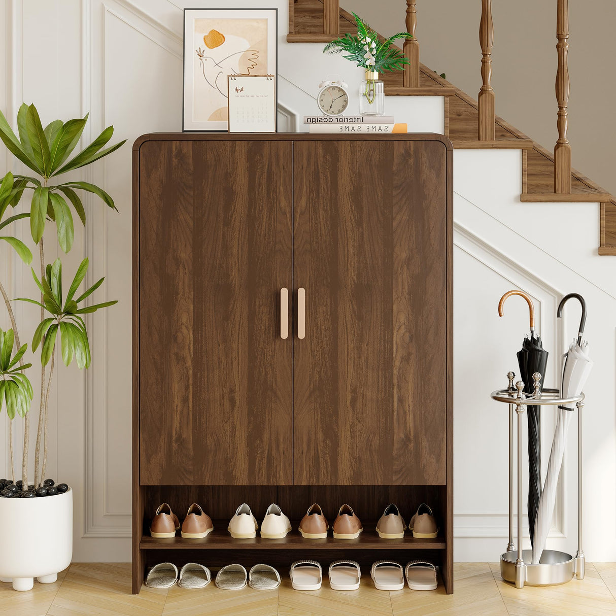 ONBRILL 6-Tier Shoe Storage Cabinet, 45'' Large Farmhouse Shoe Cabinet for Entryway, Modern Wooden Shoe Rack Organizer with Doors and Shelves, for Front Door Hallway (Walnut) ONBRILL