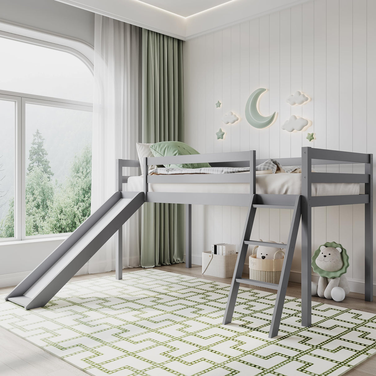 Callales Grey Twin Solid Wood Loft Bed with Slide & Removable Ladder Callales