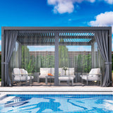 Louvered Pergola 12'x 16' with Curtains & Netting, Metal Outdoor Pergola with Adjustable Louvers Roof and Gutter System, Metal Hardtop Gazebo for Patio, Deck, Garden, Yard, Dark Gray FansaFurn