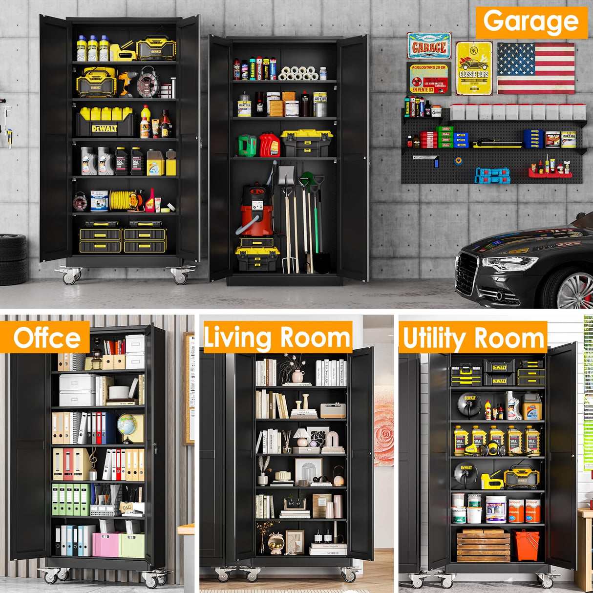 PAOFIN 75''H Metal Garage Storage Cabinet with Wheels,Steel File Cabinets with 2 Doors and 5 Adjustable Shelves for Home Office, Warehouse, Required Assembly,Black PAOFIN