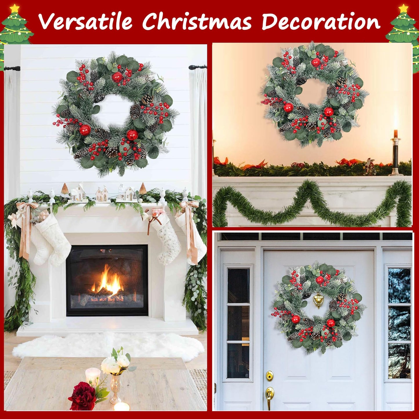 podafu 22 Inch Christmas Wreath Christmas Wreaths for Front Door Artificial Winter Wreath with Red Balls Holly Berries Pine Cones and Eucalyptus Leaves for Xmas Holiday Wall Fireplace Porch