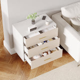 Elegant 3-Drawer White Dresser with Gold Handles and Legs, Wooden Nightstand with Linen-Textured Surface, Modern White Chest of Drawers, Narrow Accent Cabinet End Table for Living Room, Bedroom IDEALHOUSE