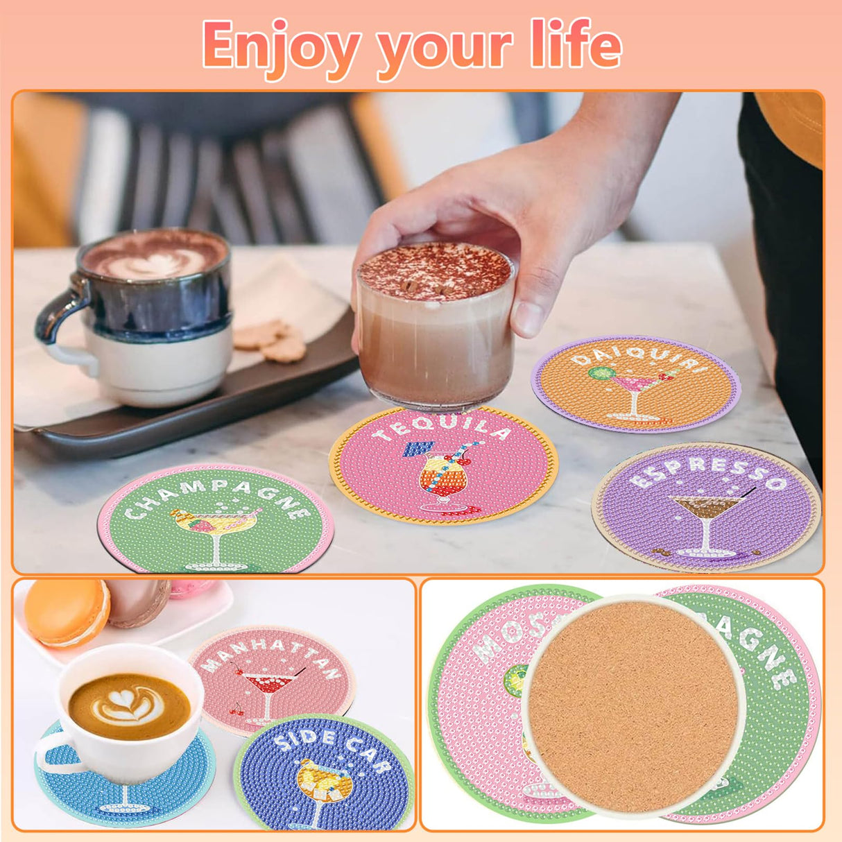 8 Pcs Cocktail Diamond Art Coasters Kit for Adults, Cocktail Diamond Painting Coasters with Holder, 5D Gem Art DIY Crafts Diamond Dots for Gift Life hkejoi