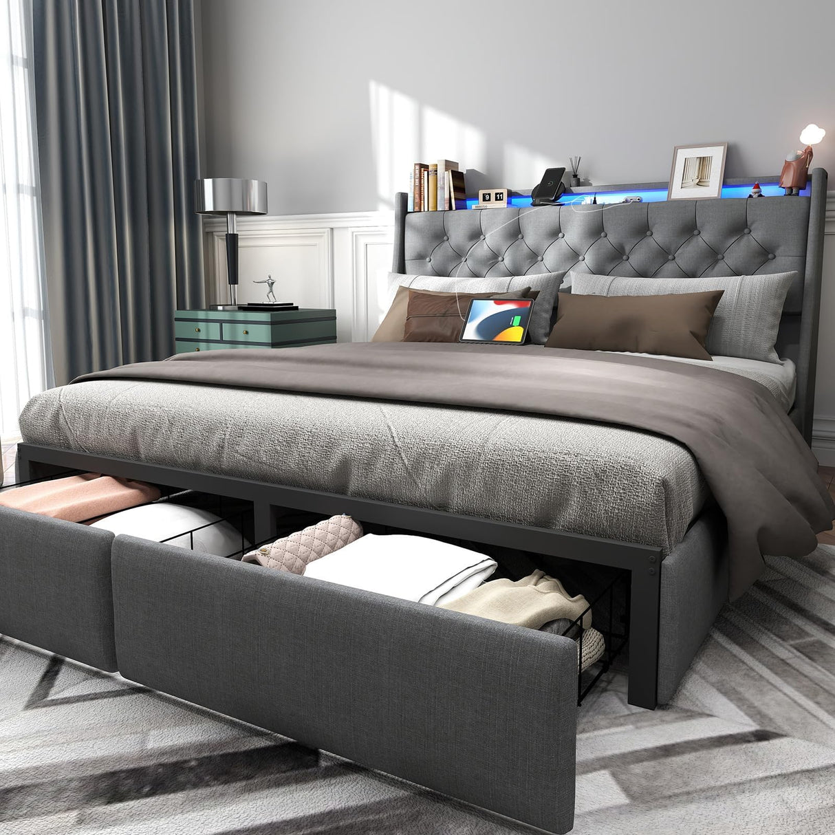 UINTAI Full Size Bed Frame with 2 Storage Drawers and LED Lights, Upholstered Platform Full Bed with Button Tufted Headboard and Charging Station, No Box Spring Needed, Easy Assembly, Gray UINTAI
