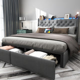 UINTAI Full Size Bed Frame with 2 Storage Drawers and LED Lights, Upholstered Platform Full Bed with Button Tufted Headboard and Charging Station, No Box Spring Needed, Easy Assembly, Gray UINTAI