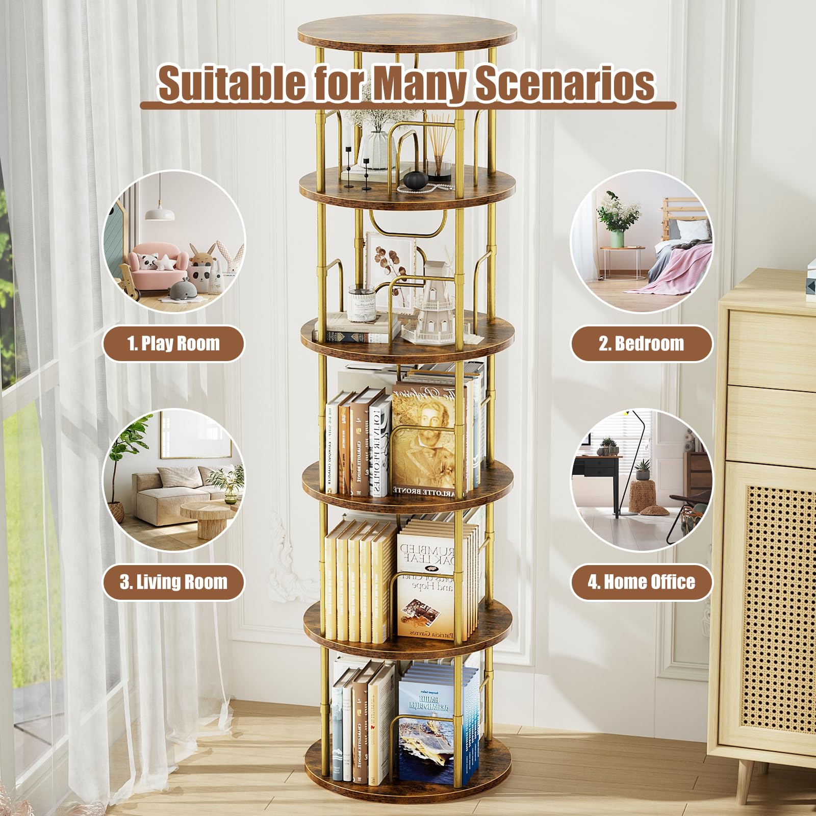 ALLSTAND 5-Tier 360° Rotating Gold Bookshelf - Space-Saving Swivel Bookcase for Stylish Storage - WoodArtSupply