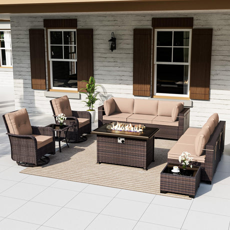 ALAULM 11 Pieces Patio Furniture Set with 2 Swivel Chairs Patio Furniture Outdoor Sectional Sofas with 55000 Gas Fire Pit Patio Conversation Set w/8 Cushions-Sand ALAULM