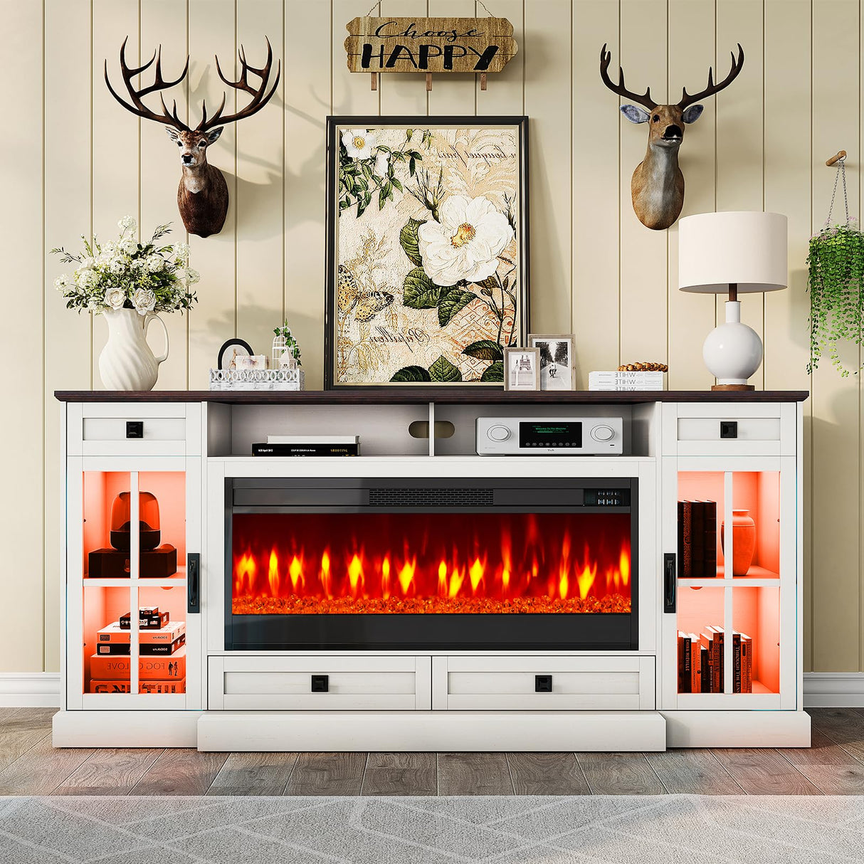 LUXOAK 70'' Large Fireplace TV Stand with 42" Fireplace, Farmhouse Entertainment Center with LED Lights for TVs up to 80'', Highboy TV Console Table with Glass Door for Living Room, Barnwood+White LUXOAK