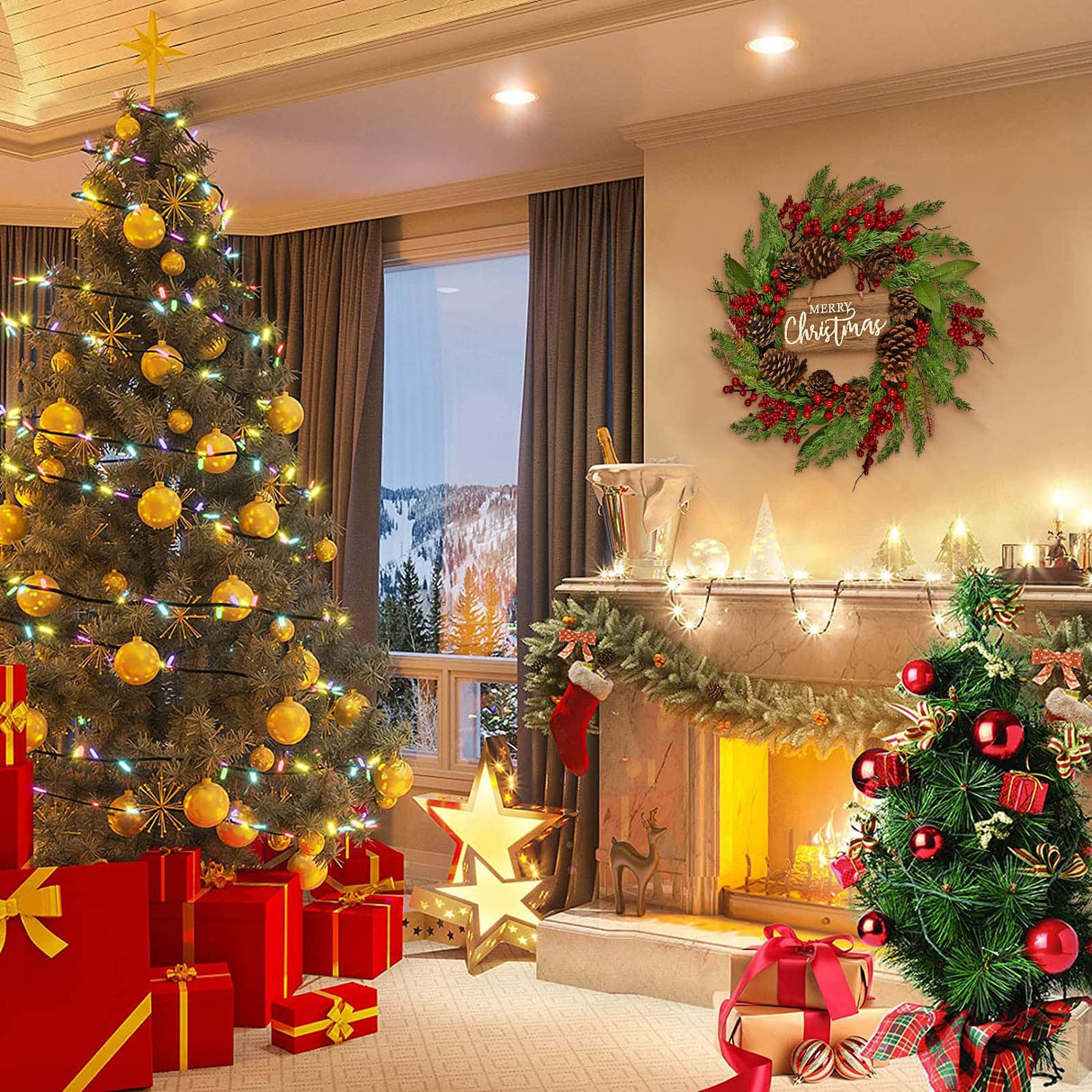 20 Inch Christmas Wreath with Pinecone Berries Christmas Decorations Front Door Wreath for Outdoor Indoor Party Wall Table Home Decor Brown Sign PGANDS