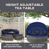Outsunny 4 Piece Round Rattan Daybed, Convertible Patio Furniture Set, Adjustable Sun Canopy, Sectional Outdoor Sofa, 2 Chairs, Extending Tea Table Ottoman Chair, 3 Pillows, Dark Blue Outsunny